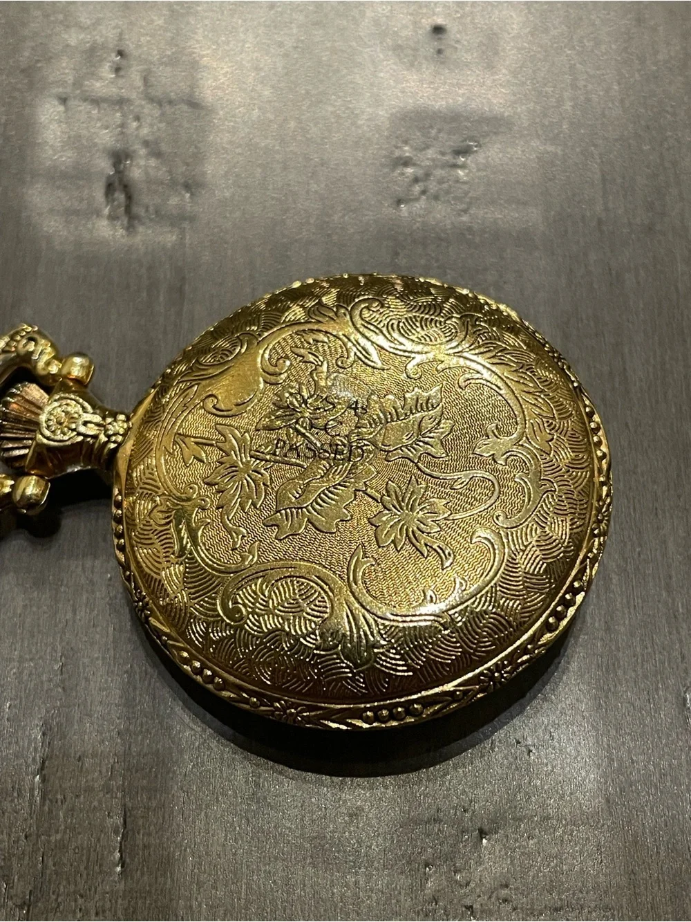 Milan Quartz Pocket Watch Hunter Eagle “DAD” Ornate Gold Tone w/ Chain